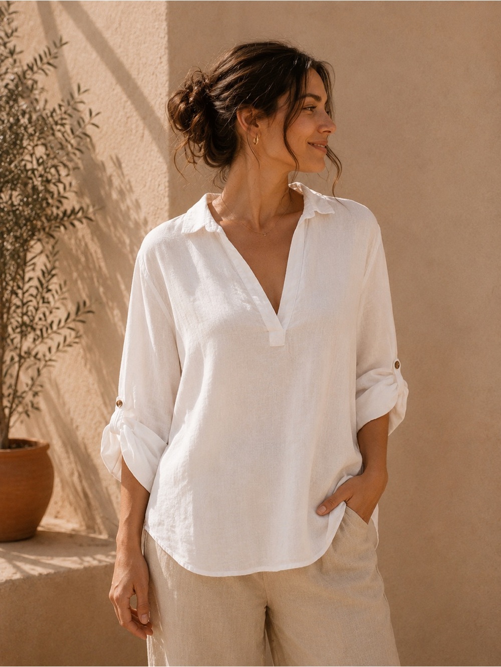 H&M | Linen Cotton Blend Top | White V-Neck Roll-Tab Blouse | Bohemian Earthy